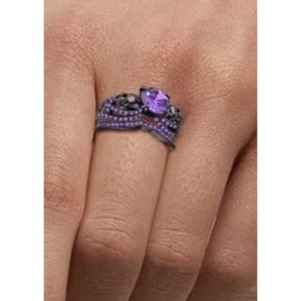 Oval Cut Purple Sapphire Engagement Wedding Gothic Skull Ring set in Rhodium - Picture 2 of 2